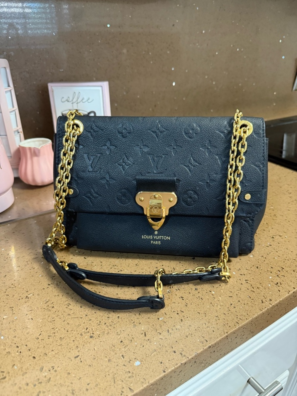 Louis Vuitton Black Monogram Embossed Shoulder Bag with Gold Chain
